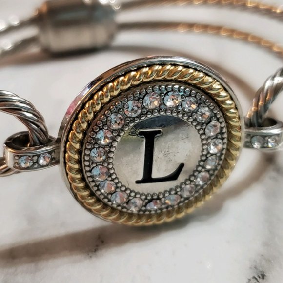 Silvertone Wire Bangle Initial “L” Rhinestone Bracelet - Picture 2 of 16